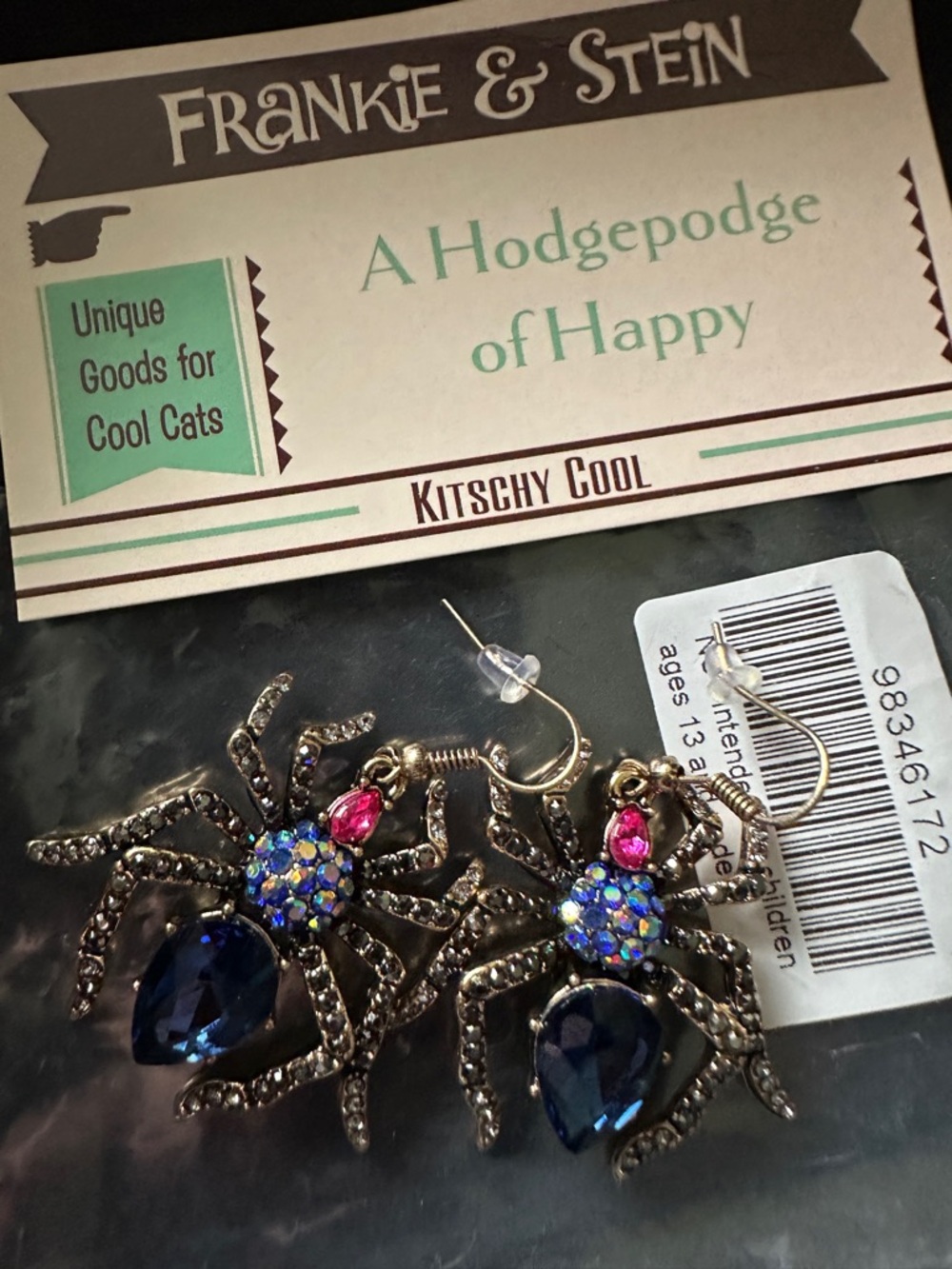Frankie & Stein Crystal Stone SPIDER EARRINGS Dangle Pierced New Volorful